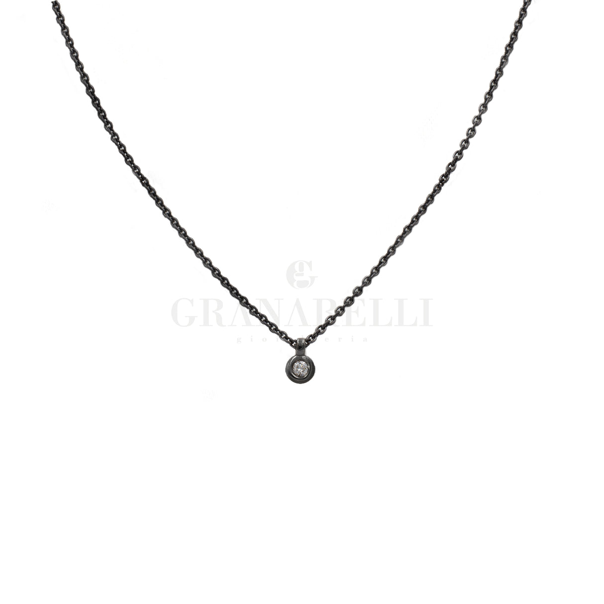 Collana con Diamante 0.03kt Catena Acciaio Castone Oro Bianco Brunito Nero