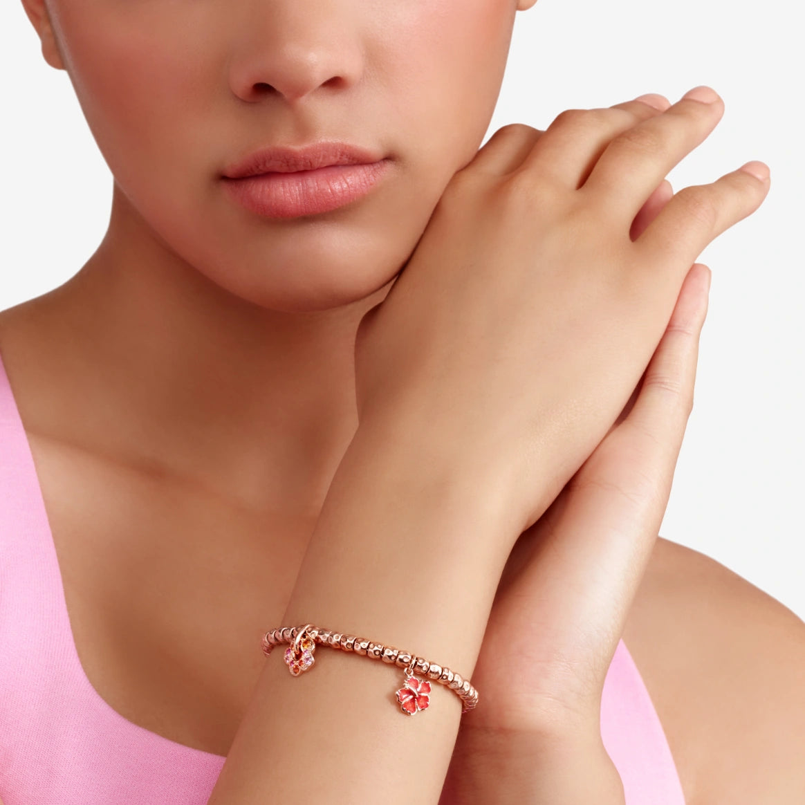 Charm DoDo Fiore di Ibisco Oro Rosa e Smalto Perlato Arancio