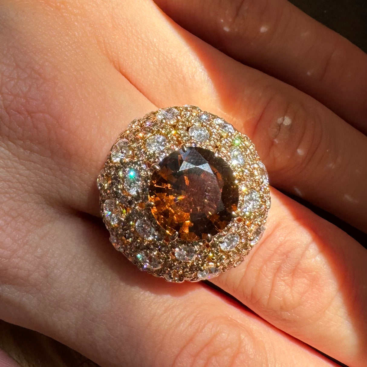 Anello oro rosa spessartite, diamanti e diamanti brown