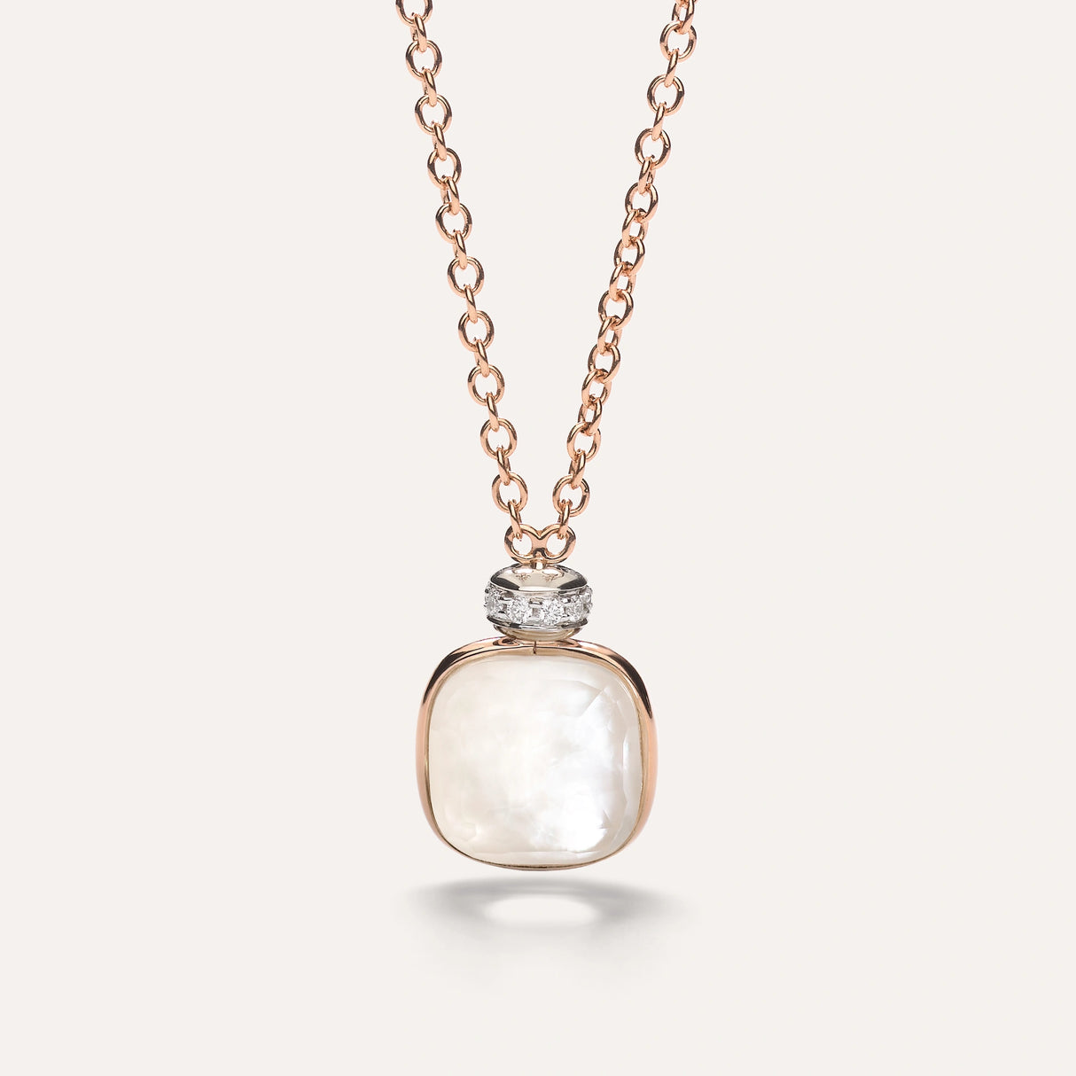 Collana Pendente Nudo in Oro Rosa, Topazio Bianco, Madreperla e Diamanti-Girocolli-POMELLATO-Gioielleria Granarelli