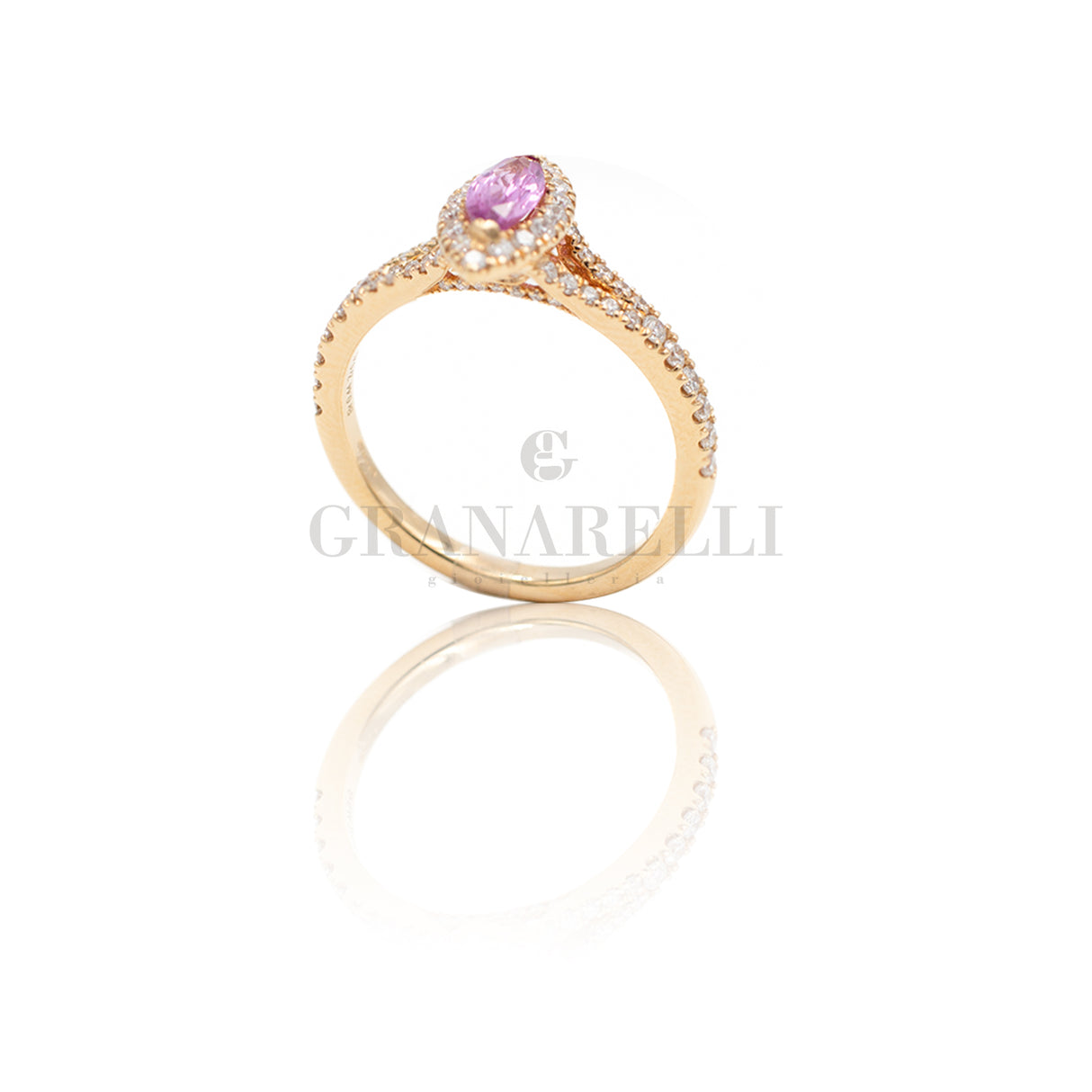 Anello Diamanti Navette in Oro Rosa e Zaffiri Rosa