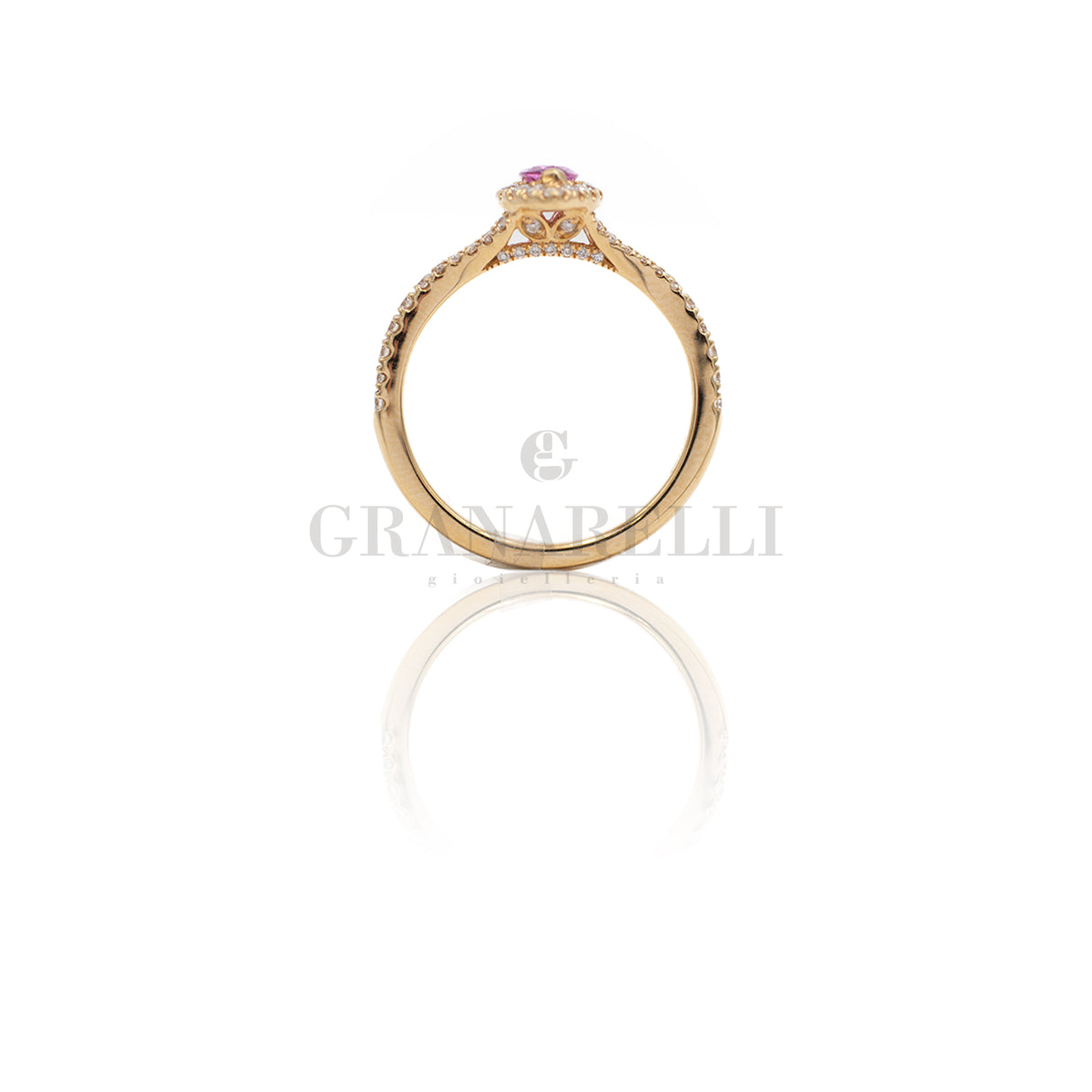 Anello Diamanti Navette in Oro Rosa e Zaffiri Rosa