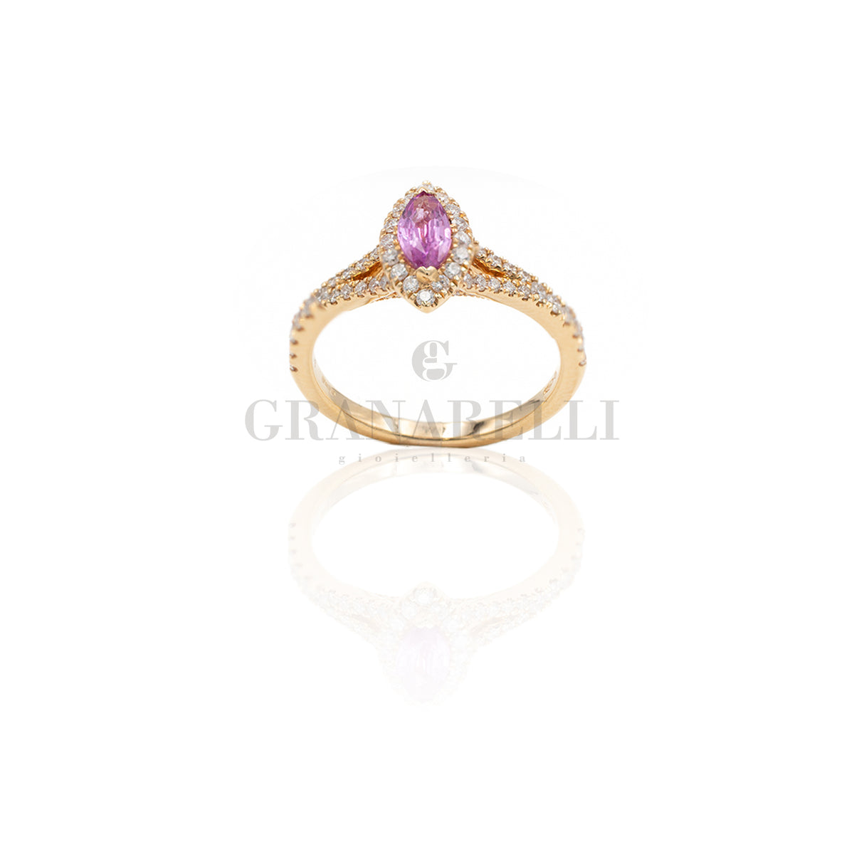 Anello Diamanti Navette in Oro Rosa e Zaffiri Rosa