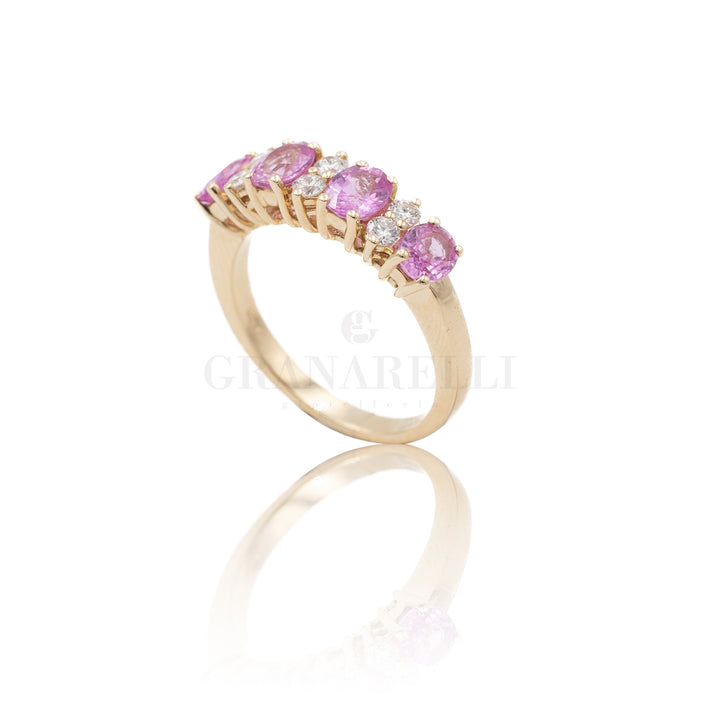 Anello Fedina con 4 Zaffiri Rosa e Diamanti in Oro Rosa-Anelli-CRIVELLI-Gioielleria Granarelli