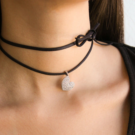 Ciondolo con choker nero cuore pavè oversized-Girocolli-RUE DES MILLE-Gioielleria Granarelli