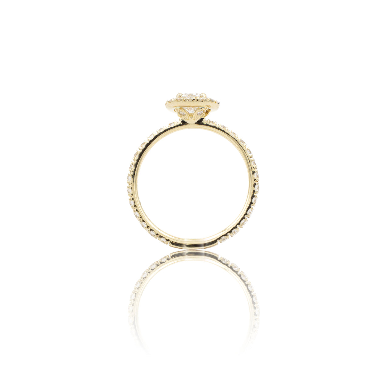 Brilliant Halo Ring with diamond shank in Yellow Gold