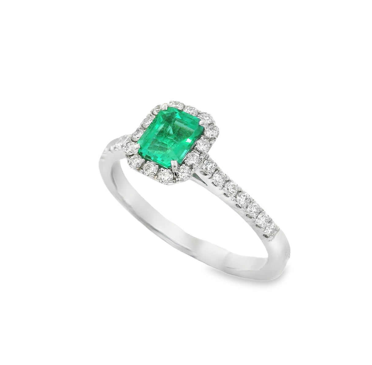 Anello Smeraldo 0.57kt e contorno Diamanti in Oro Bianco