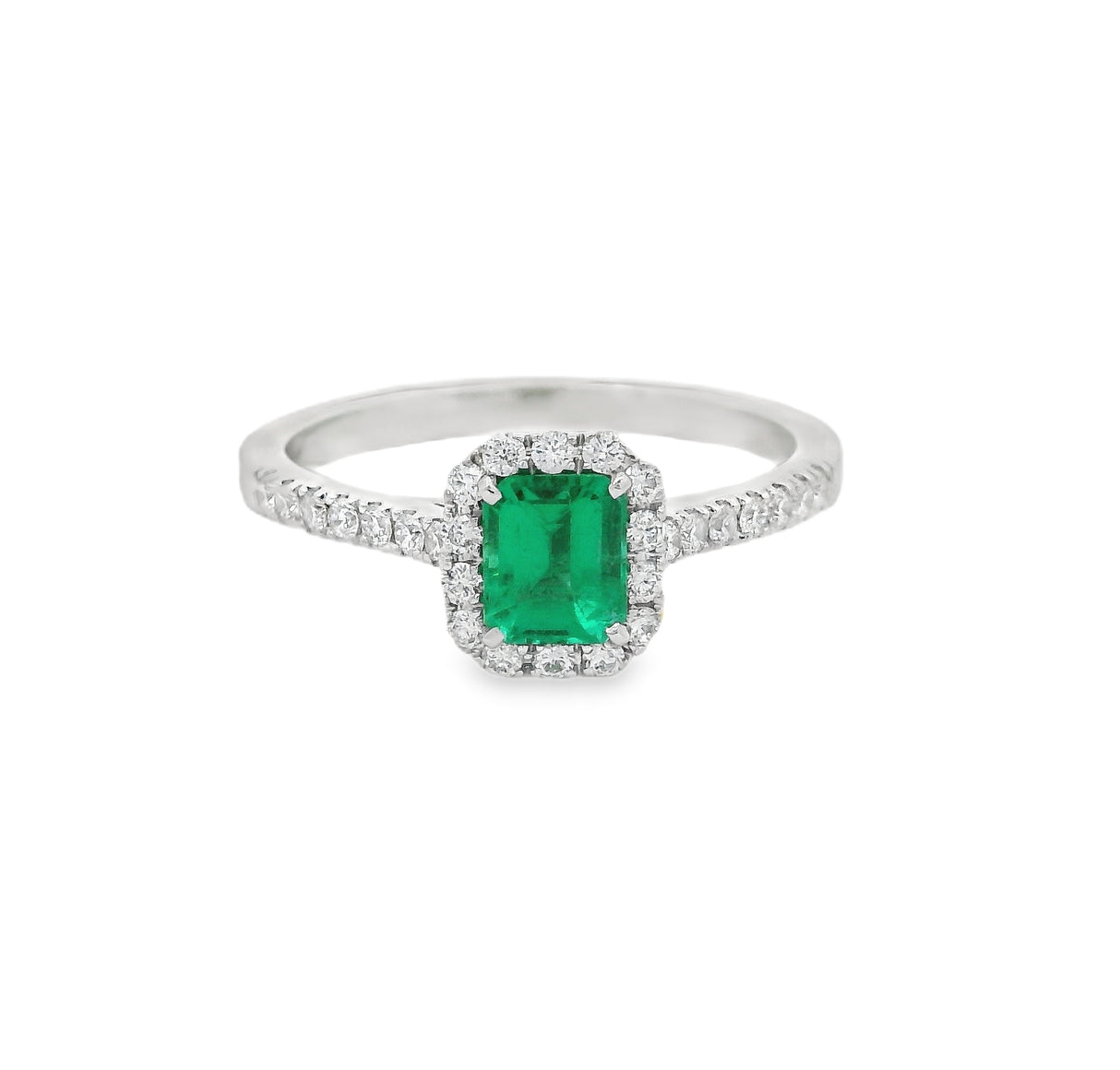 Anello Smeraldo 0.57kt e contorno Diamanti in Oro Bianco