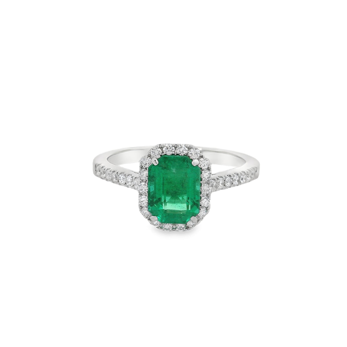 Anello Smeraldo 1.37kt e contorno Diamanti in Oro Bianco