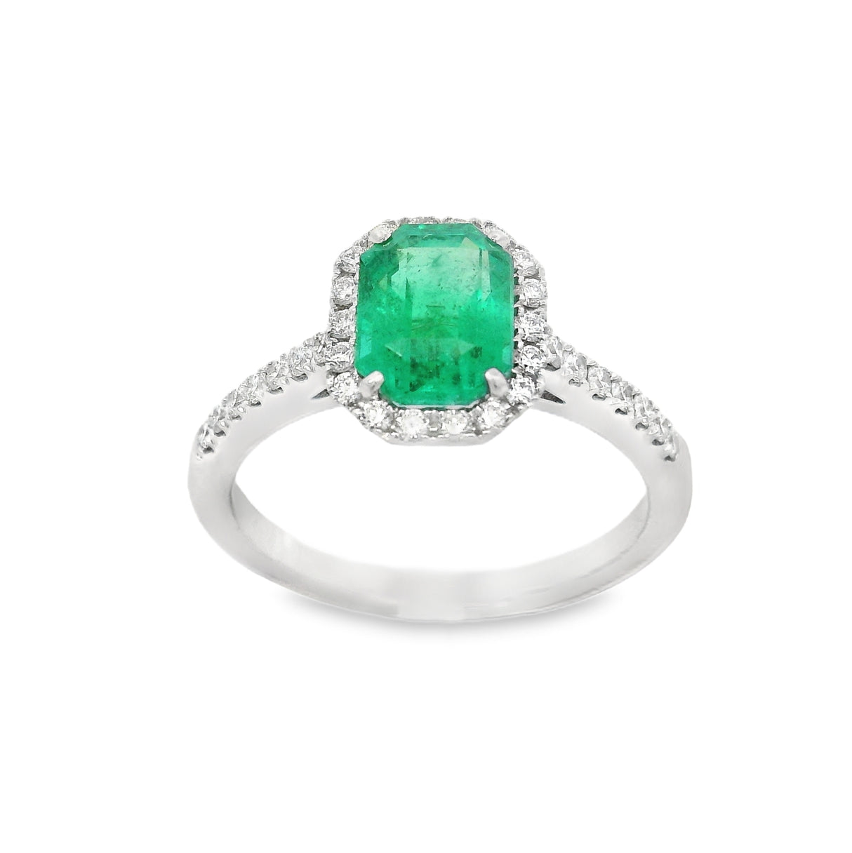 Anello Smeraldo 1.37kt e contorno Diamanti in Oro Bianco