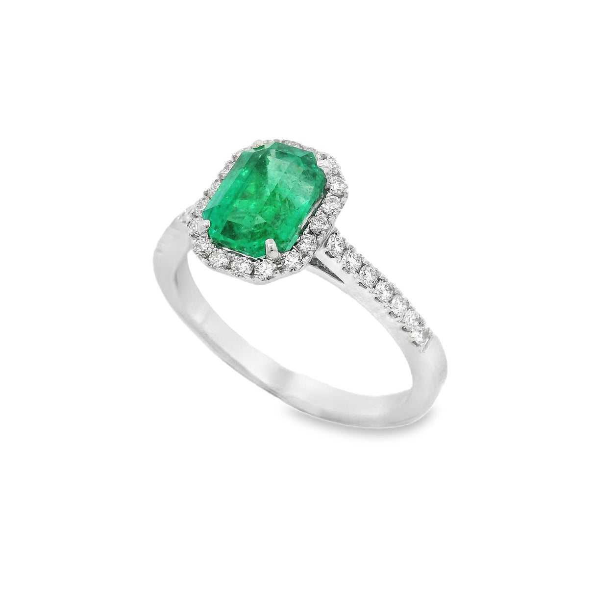 Anello Smeraldo 1.37kt e contorno Diamanti in Oro Bianco