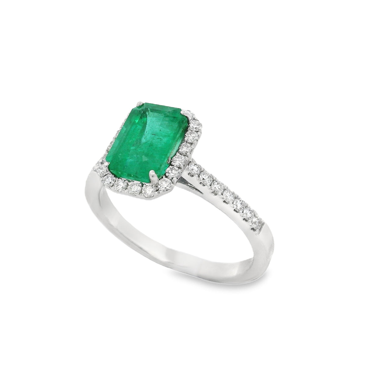 Anello Smeraldo 1.58kt e contorno Diamanti in Oro Bianco