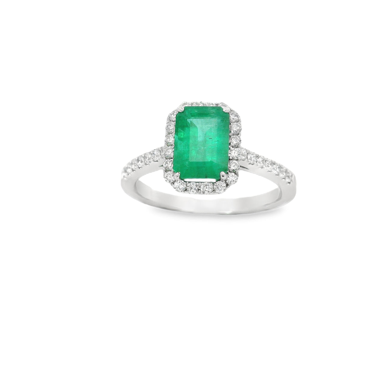 Anello Smeraldo 1.58kt e contorno Diamanti in Oro Bianco
