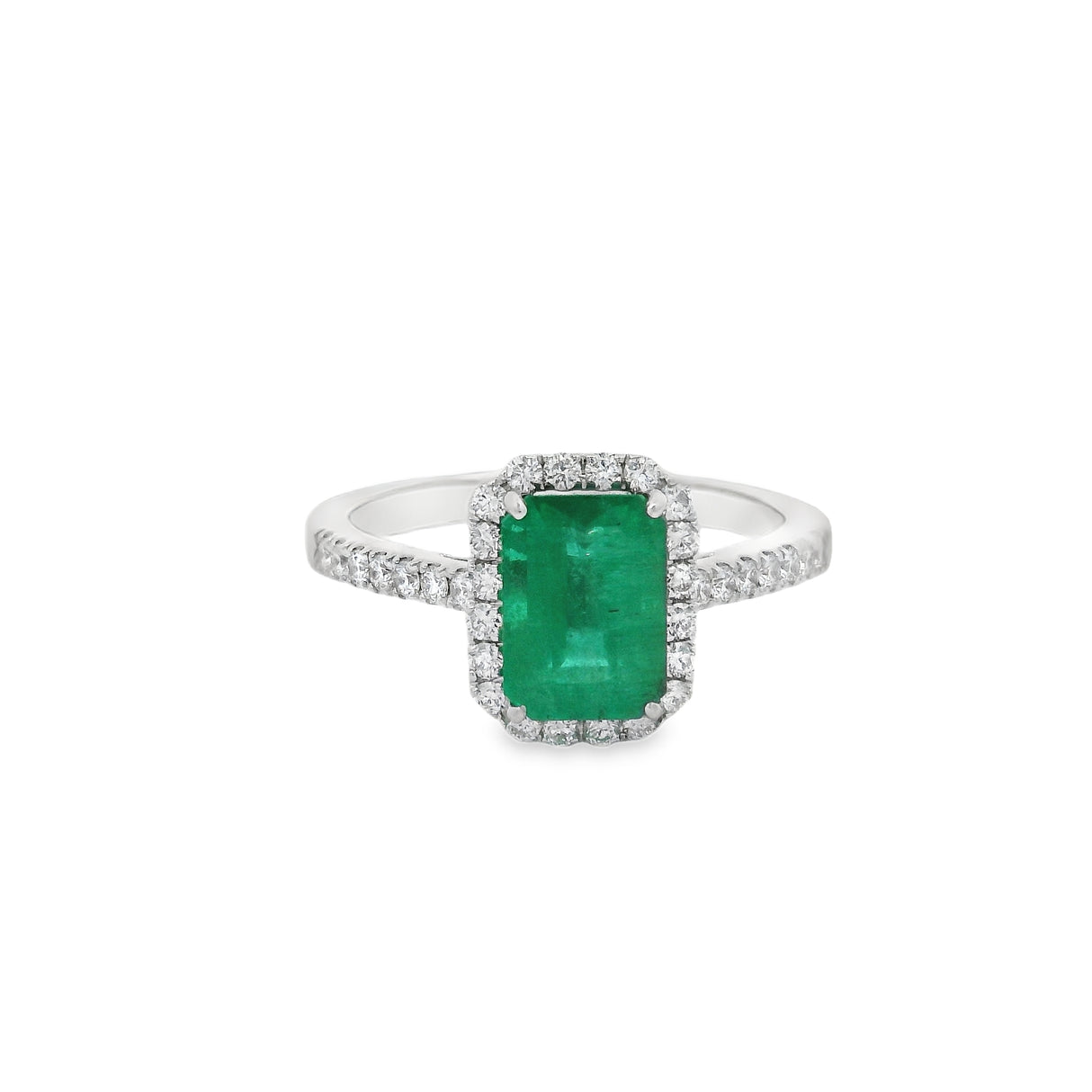 Anello Smeraldo 1.58kt e contorno Diamanti in Oro Bianco