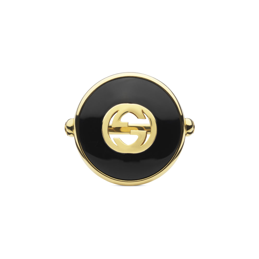 Anello Interlocking Oro Giallo, Onice e Diamante-Anelli-GUCCI-Gioielleria Granarelli