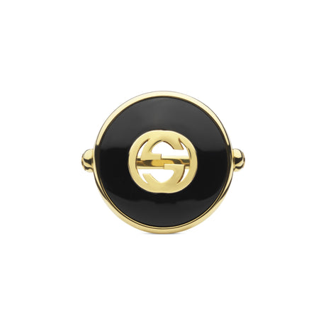 Anello Interlocking Oro Giallo, Onice e Diamante-Anelli-GUCCI-Gioielleria Granarelli