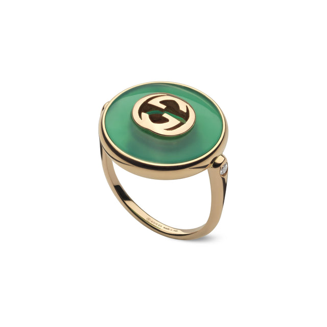 Anello Interlocking Oro Rosa, Agata Verde e Diamante-Anelli-GUCCI-Gioielleria Granarelli