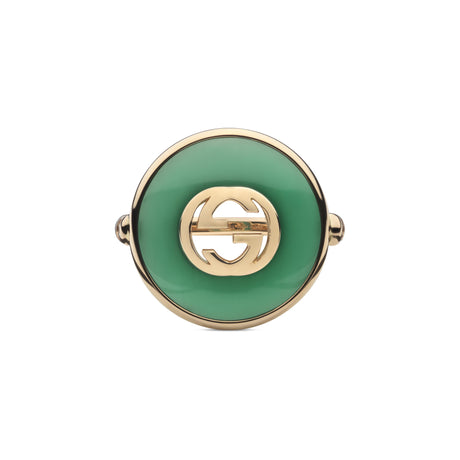 Anello Interlocking Oro Rosa, Agata Verde e Diamante-Anelli-GUCCI-Gioielleria Granarelli