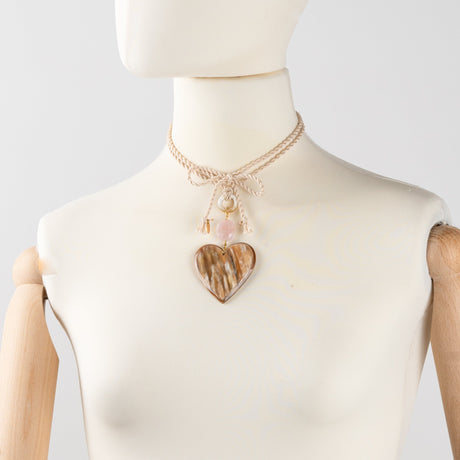 Collana Corda Cuore Corno e Pietra Rosa-Girocolli-AMLÈ-Gioielleria Granarelli