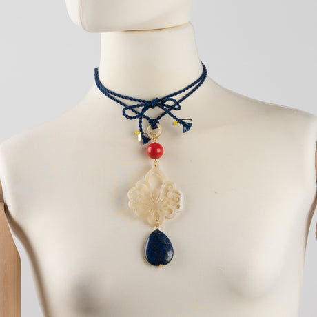 Collana Corda con Pendente Corno, Goccia Blu e Sfera Rossa-Girocolli-AMLÈ-Gioielleria Granarelli