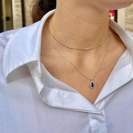Collana in Oro Bianco con Zaffiro taglio "Goccia" e Diamante-Girocolli-GRANARELLI- [SKU] -Gioielleria Granarelli