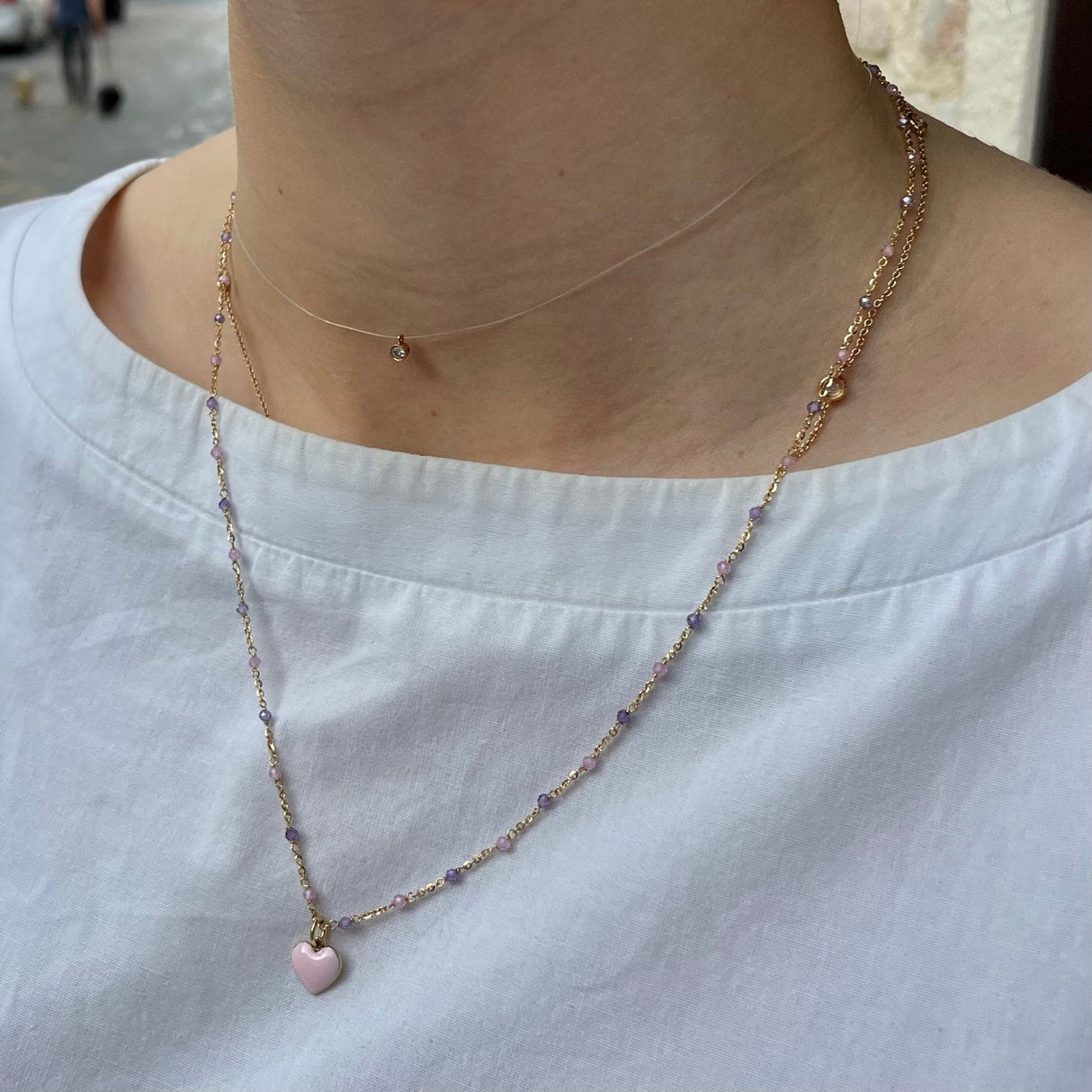 Collana pietre alternate con cuore rosa-Collane-GioGio- [SKU] -Gioielleria Granarelli