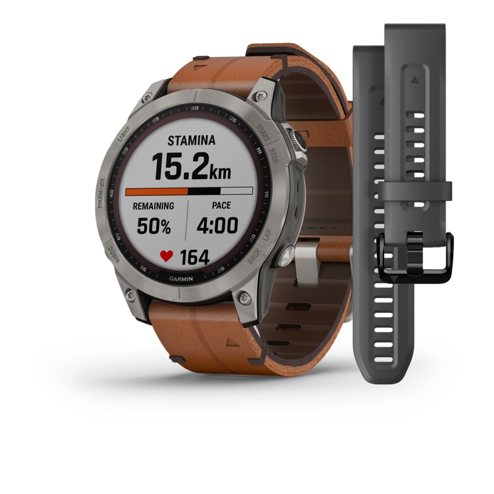 Fenix 7 Sapphire Solar Titanium con cinturino in pelle Chestnut-Orologi-GARMIN-Gioielleria Granarelli