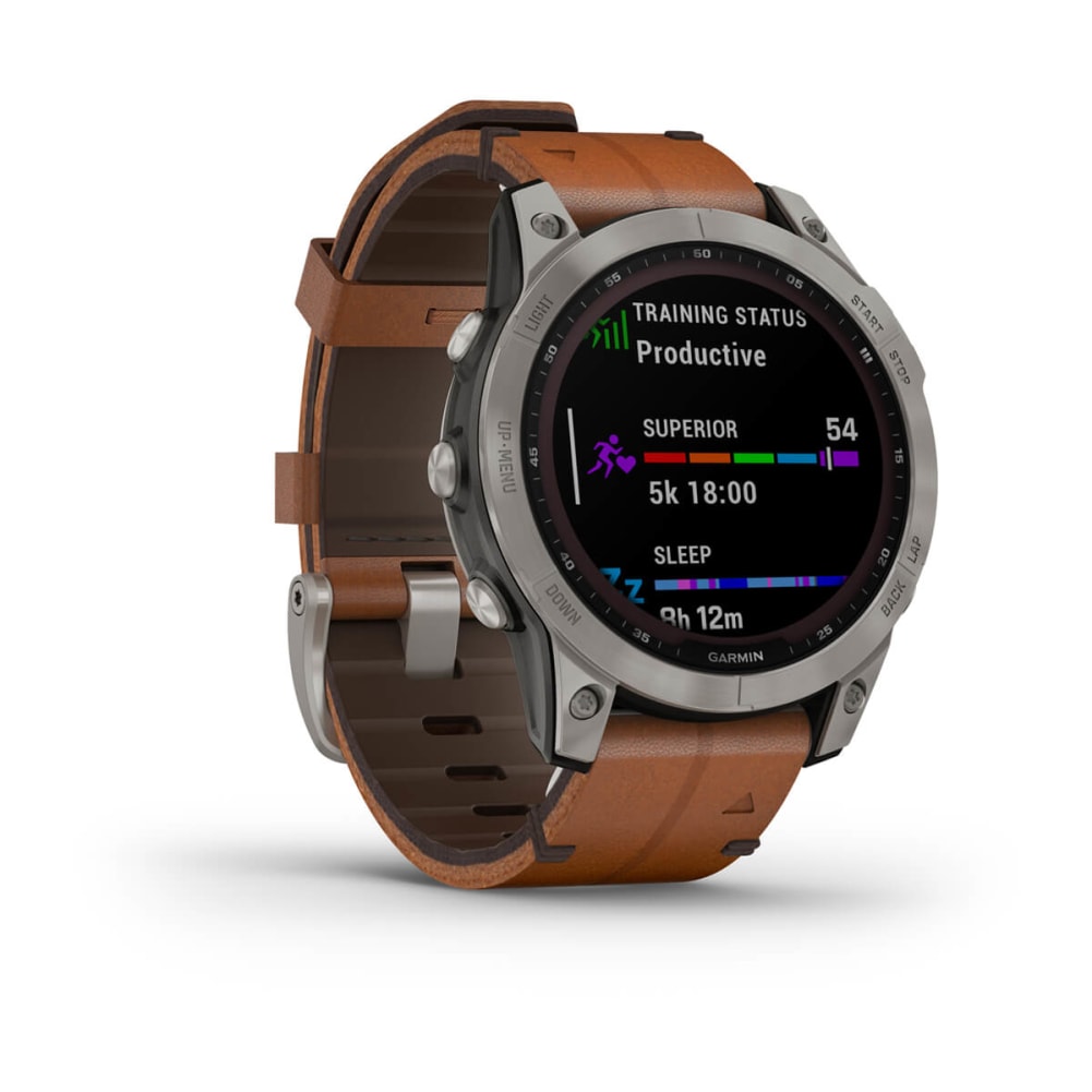 Fenix 7 Sapphire Solar Titanium con cinturino in pelle Chestnut-Orologi-GARMIN-Gioielleria Granarelli