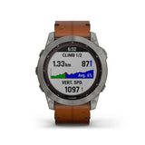 Fenix 7 Sapphire Solar Titanium con cinturino in pelle Chestnut-GARMIN-010-02540-31-Gioielleria Granarelli