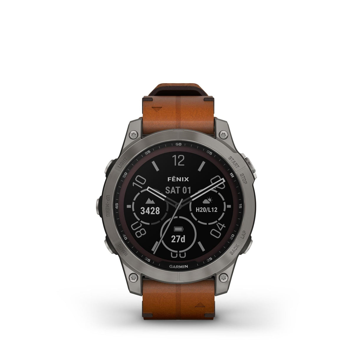 Fenix 7 Sapphire Solar Titanium con cinturino in pelle Chestnut-GARMIN-010-02540-31-Gioielleria Granarelli