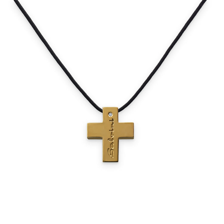 Girocollo Croce in Oro Giallo con Diamante su cordino-SALVINI-dmbr0001h-Gioielleria Granarelli