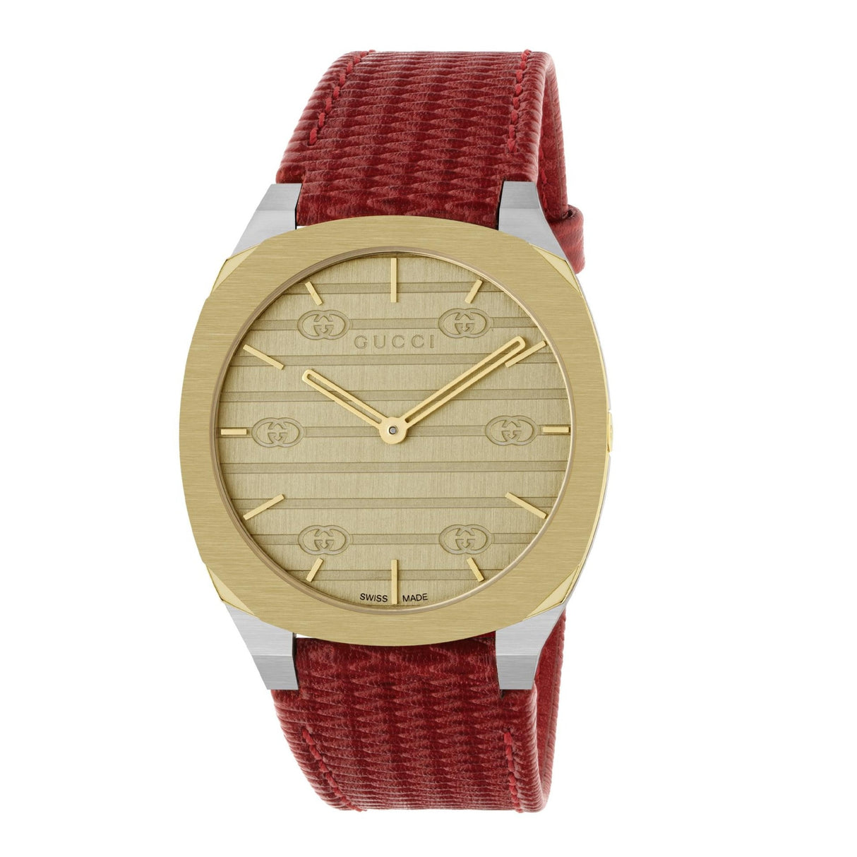 Gucci 25H Dorato Cinturino Pelle Rosso-Orologi-GUCCI-Gioielleria Granarelli