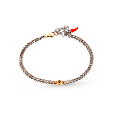 BRACCIALE UOMO IN TITANIO CON PUNTO LUCE, DIAMANTI BLACK E UNA CATENA GROUMETTE, ORO ROSSO 9KT-Bracciali-MANO-Gioielleria Granarelli