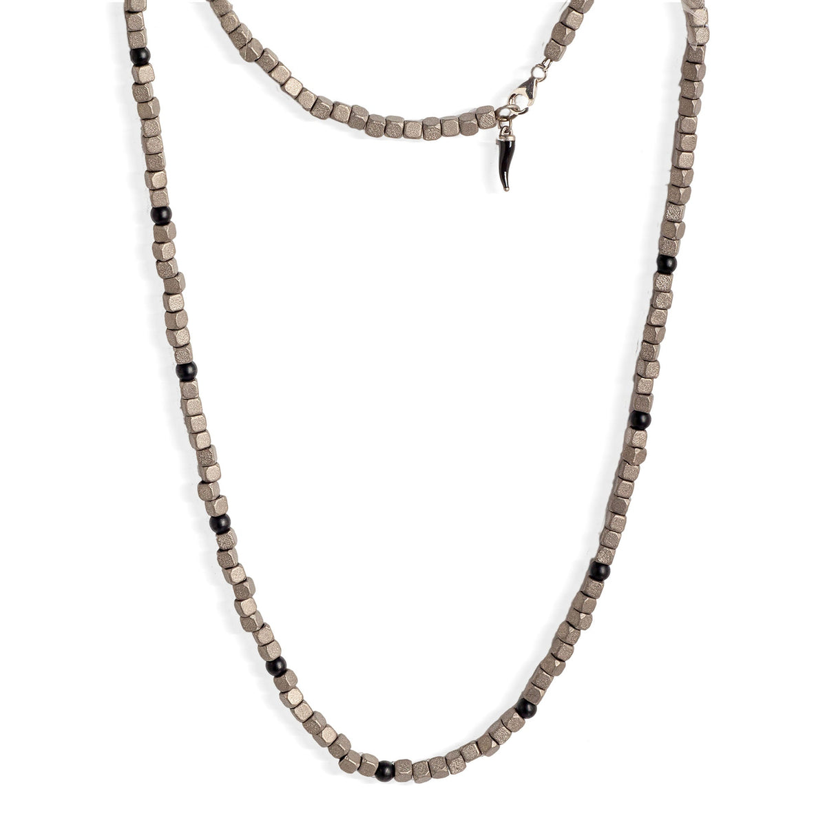 Titanium cubic men's necklace, onyx and black enamel croissant