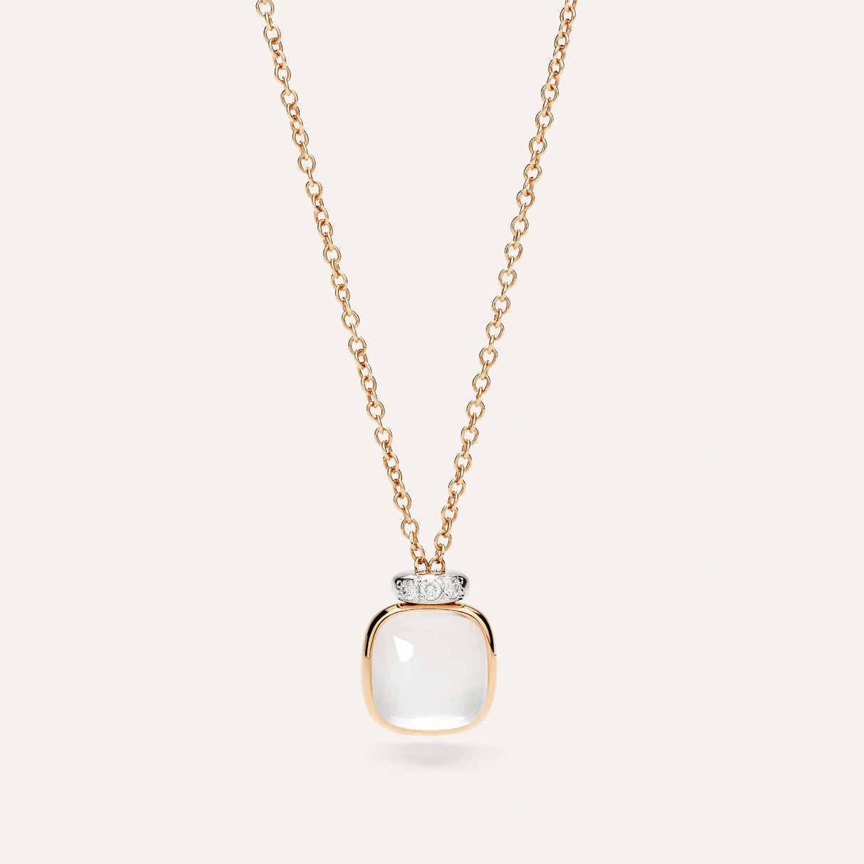 Collana Pendente Nudo Mini in Oro Rosa con Quarzo Milky e Diamanti