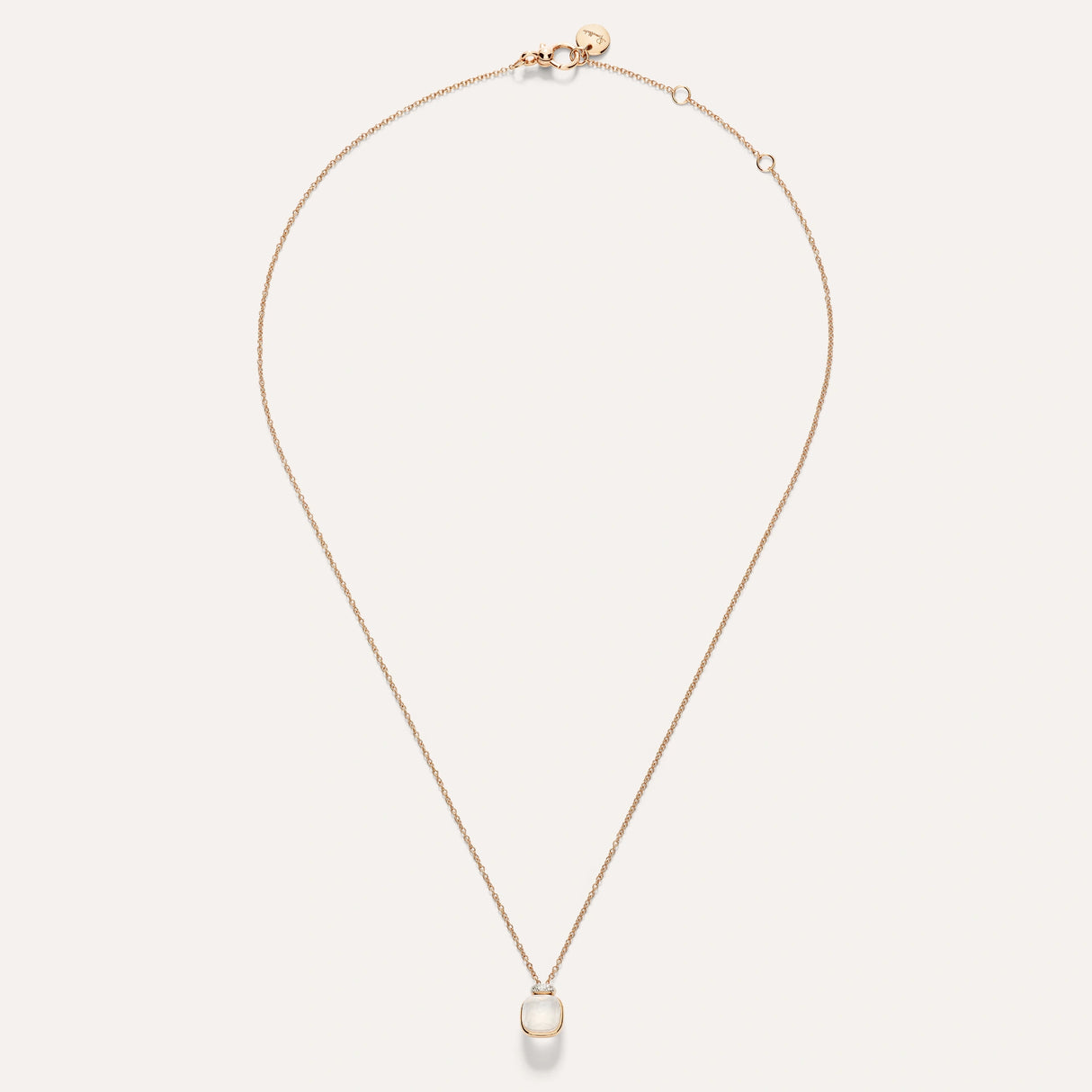 Collana Pendente Nudo Mini in Oro Rosa con Quarzo Milky e Diamanti