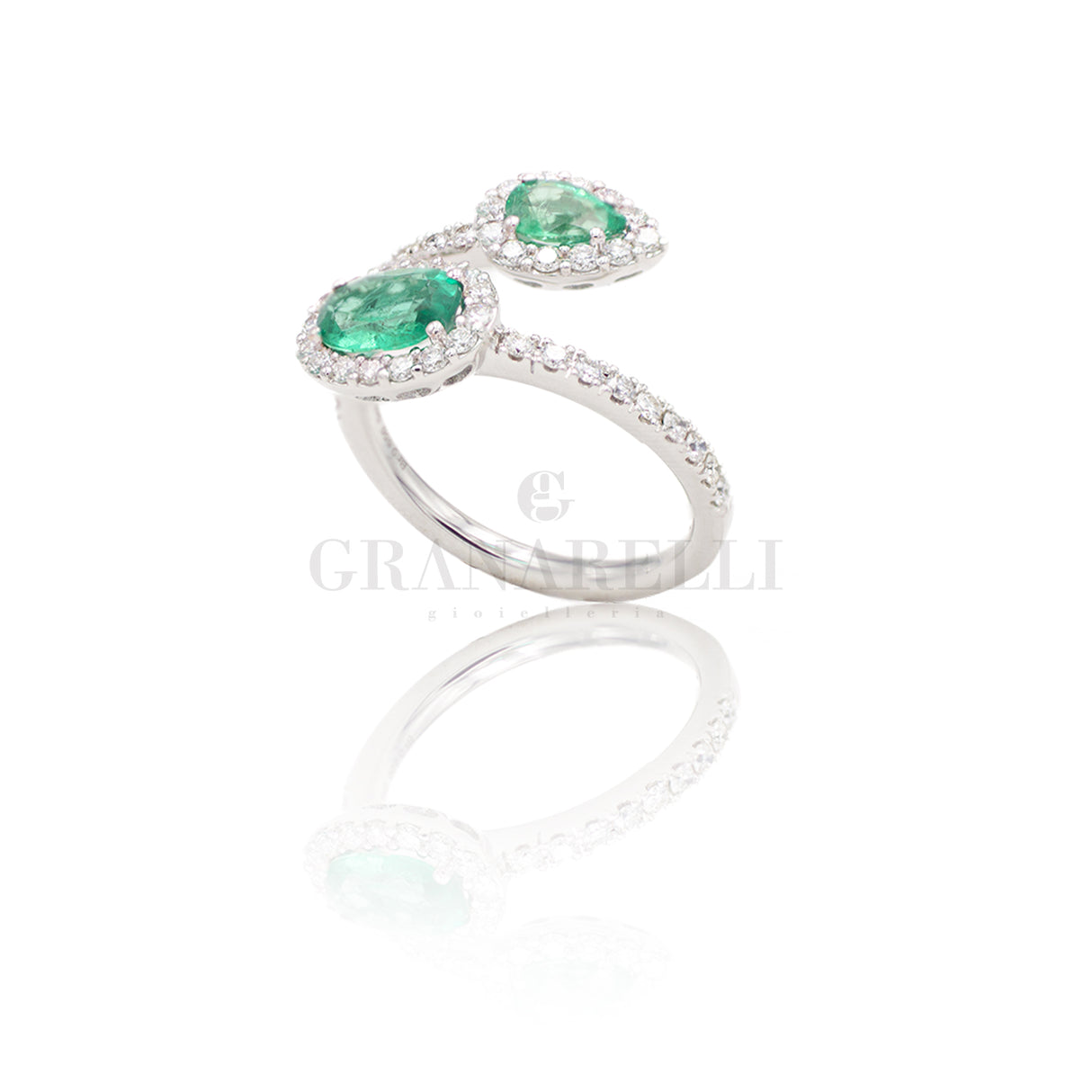 Anello doppio in Oro Bianco con Smeraldi 1.05kt e Diamanti