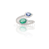 Anello doppio in Oro Bianco con Smeraldo 1.00kt e Zaffiro 0.38kt con Diamanti