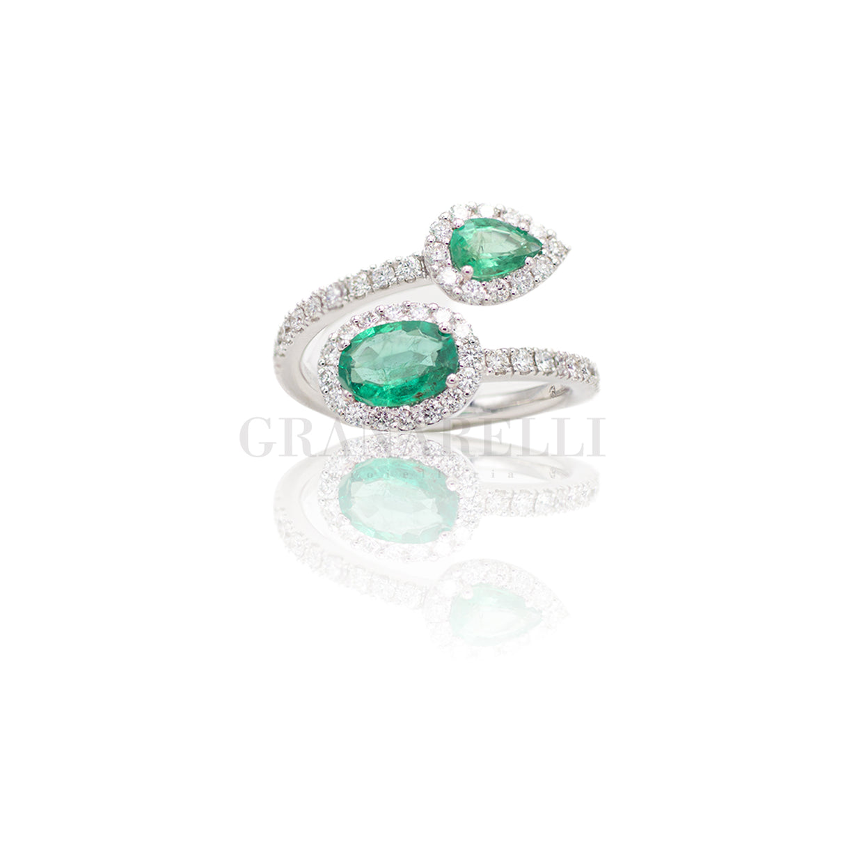 Anello doppio in Oro Bianco con Smeraldi 1.05kt e Diamanti