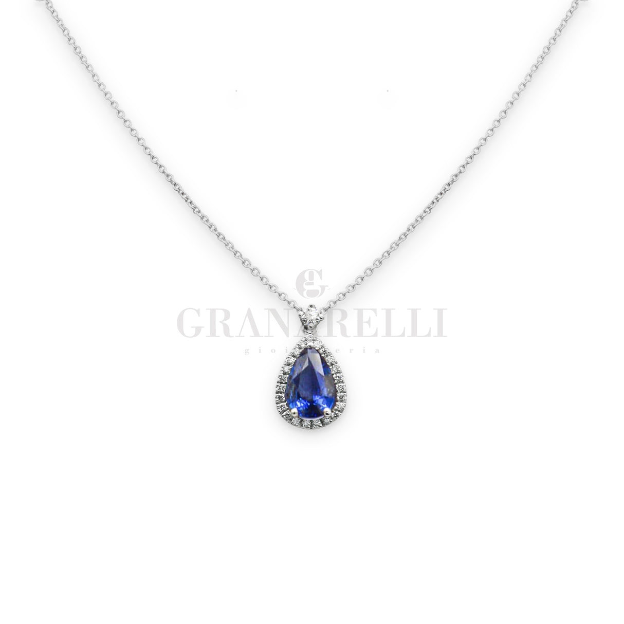 Witgouden ketting diamanten met "drop" bedst saffier CT 1.11
