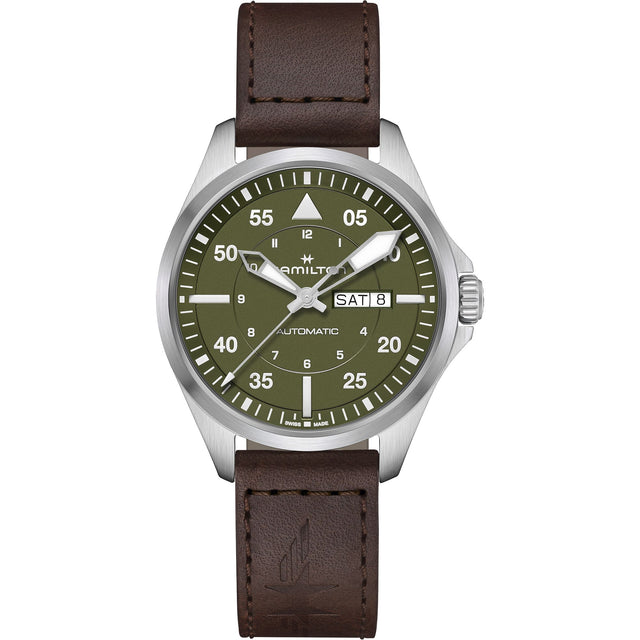 Khaki Aviation Pilot Day Date Automatico Pelle-Orologi-HAMILTON-Gioielleria Granarelli