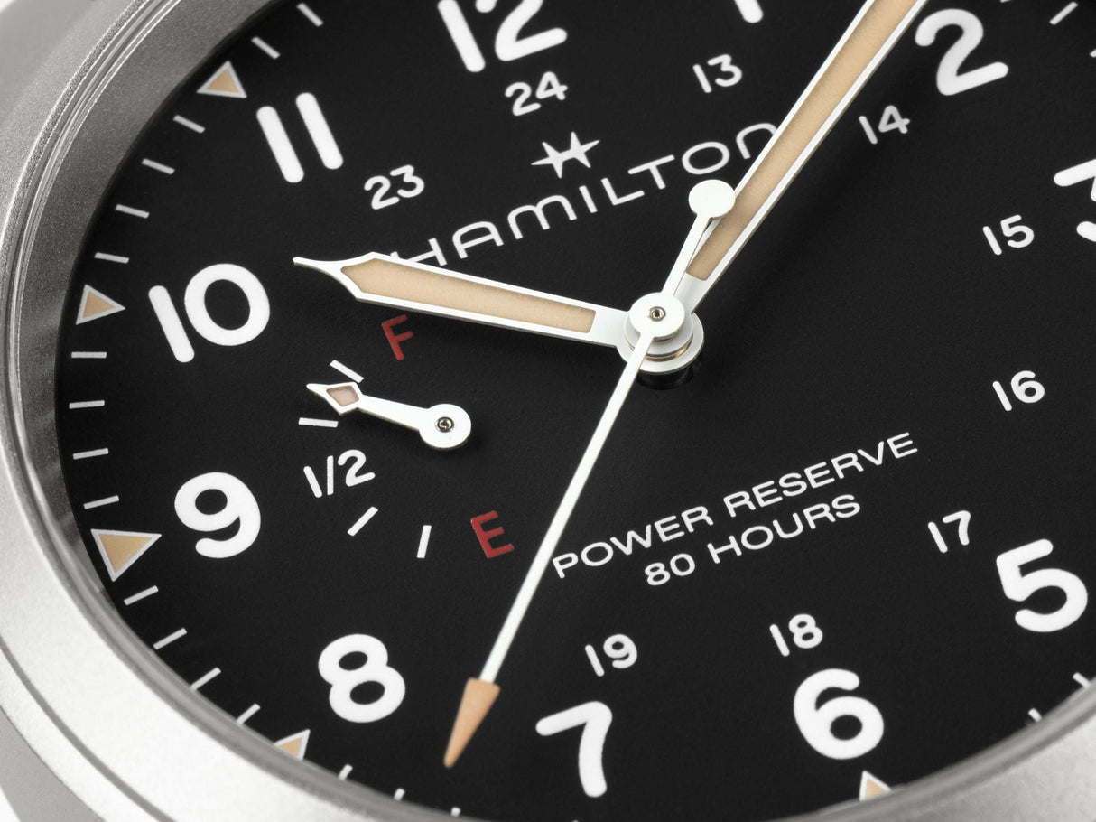 Khaki Field Mechanical Power Reserve Nero 40mm Acciaio