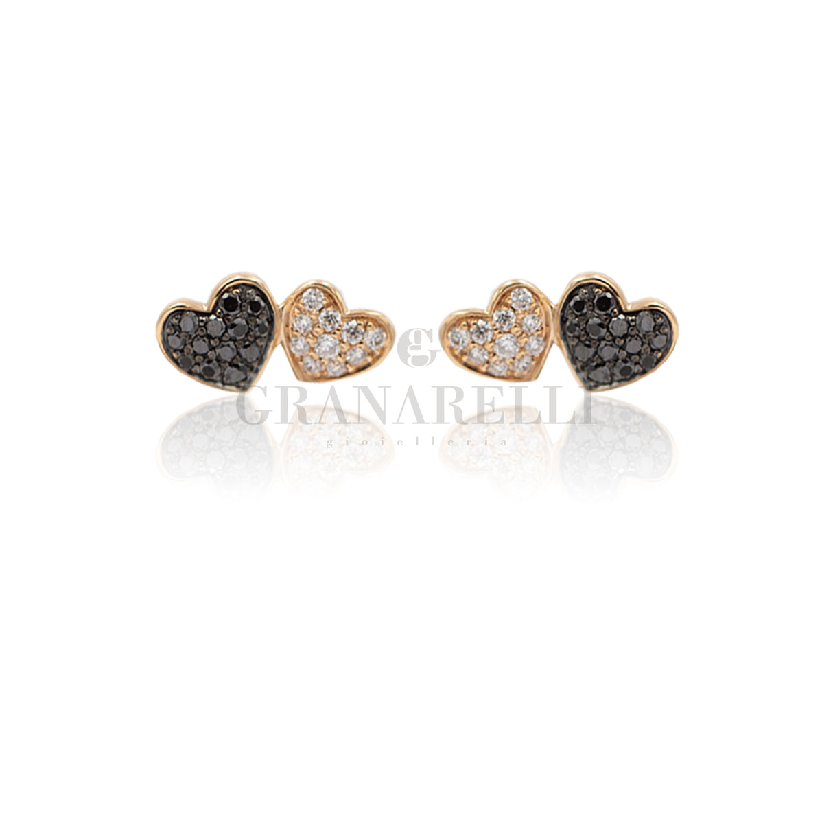 Orecchini 2 Cuori e Diamanti Bianchi e Neri in Oro Rosa