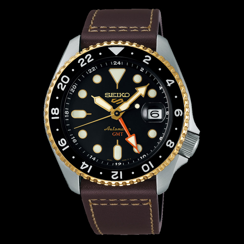 Seiko 5 Sports Automatico GMT Nero Pelle-Orologi-SEIKO-Gioielleria Granarelli