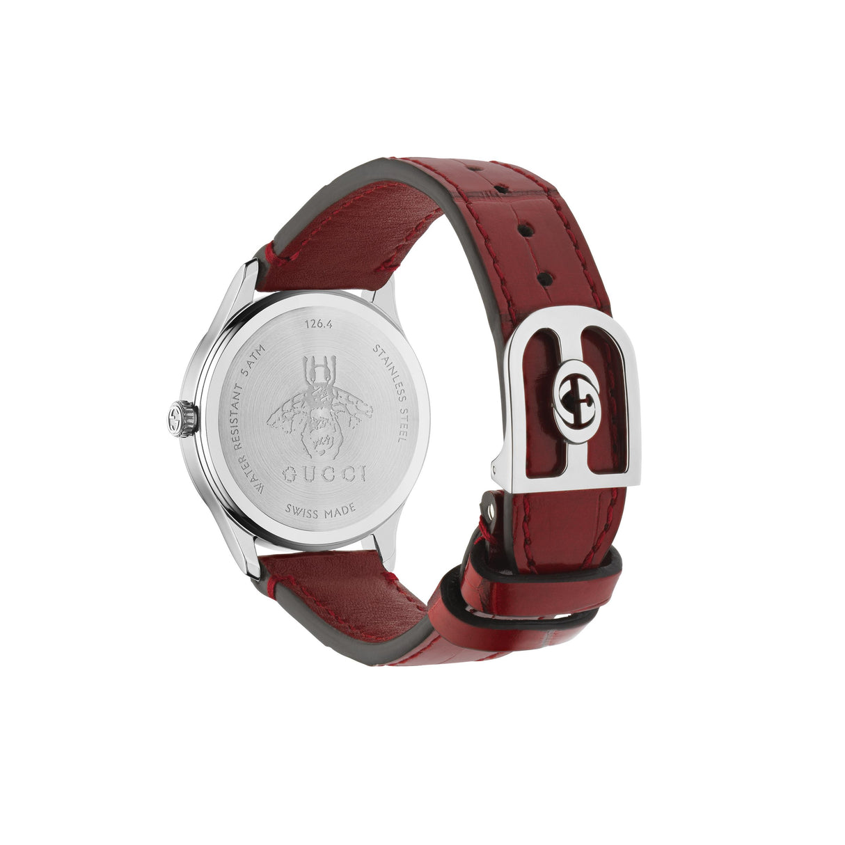 G-Timeless Silver con Api Cinturino Pelle Rosso-Orologi-GUCCI-Gioielleria Granarelli