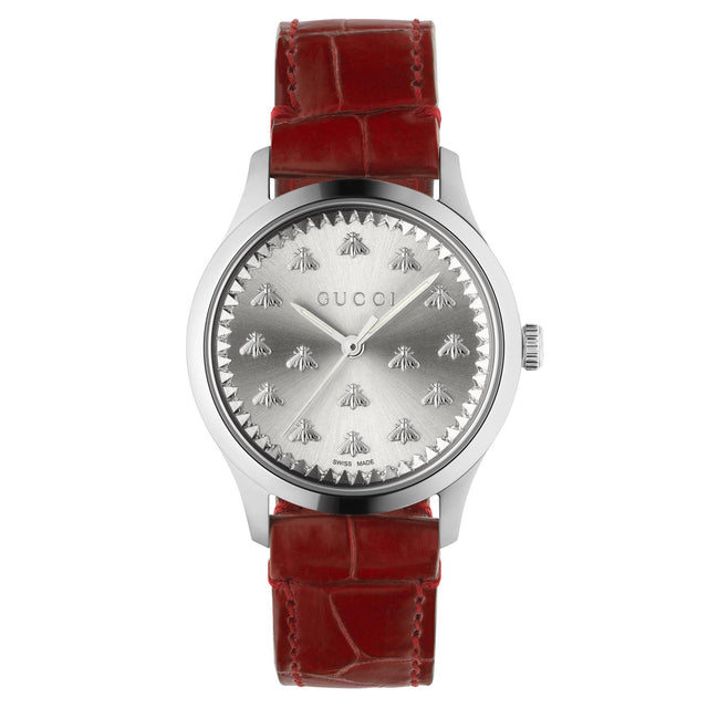 G-Timeless Silver con Api Cinturino Pelle Rosso-Orologi-GUCCI-Gioielleria Granarelli